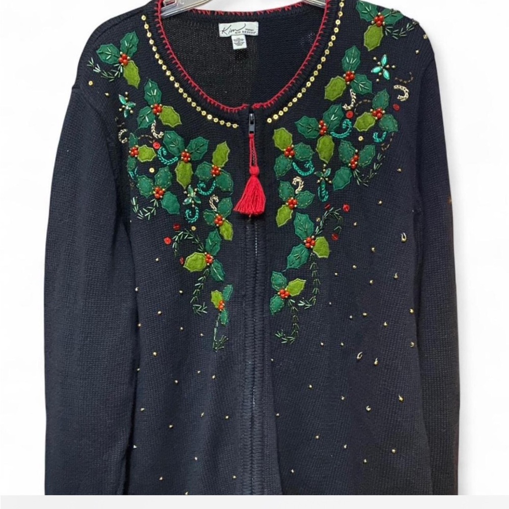 Karen Scott Women's Black Cardigan with Green and Red Embroidery